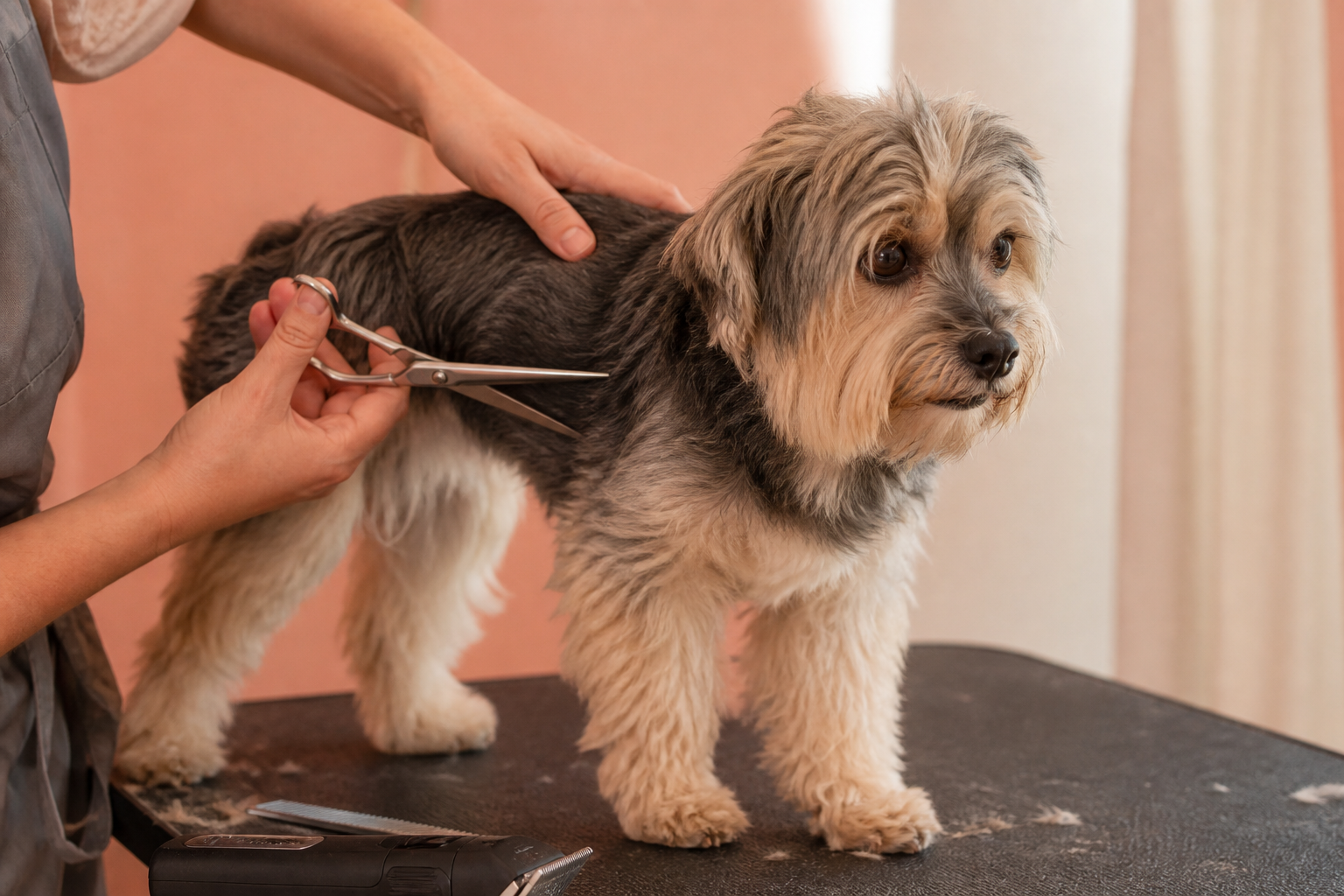 Hands clipping a terrier mix on the salon table